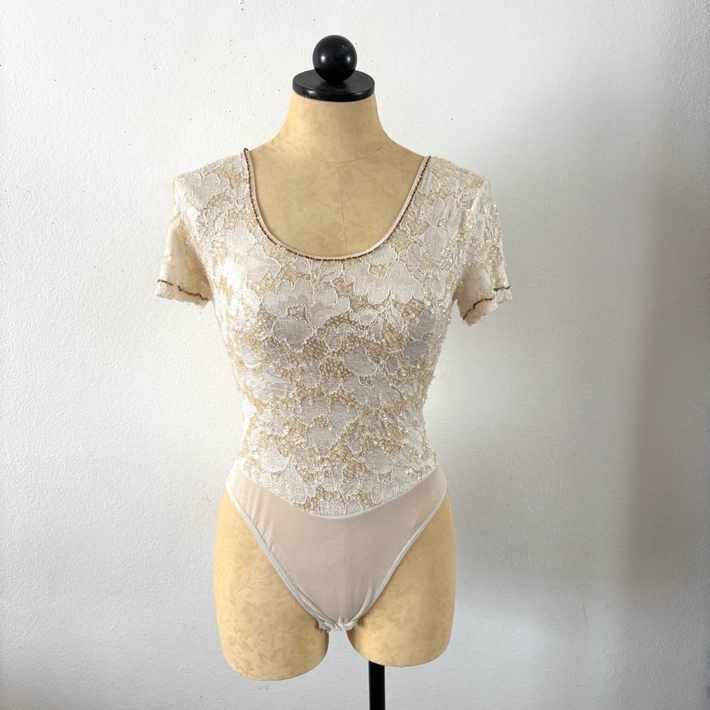 Vintage Debra Lee beaded bodysuit top cream sequin white gold small glam
